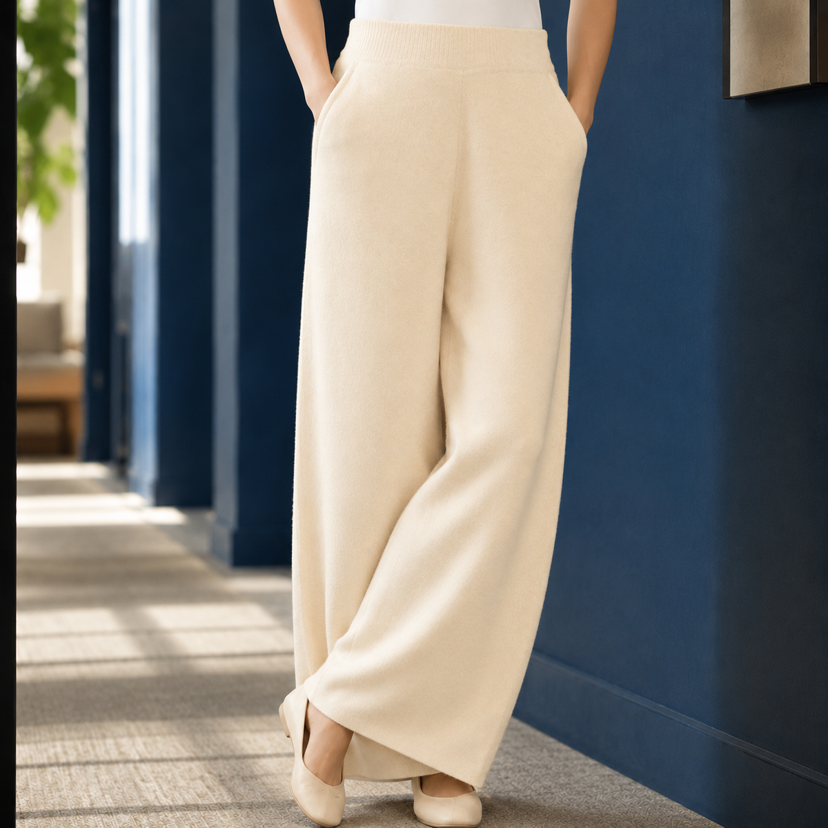 Pantalon large femme beige avec poches