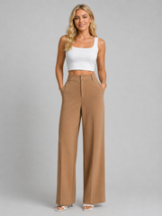 Lisa - Pantalon Taille Haute Femme Jambe Large Plis Devant Poches Latérales