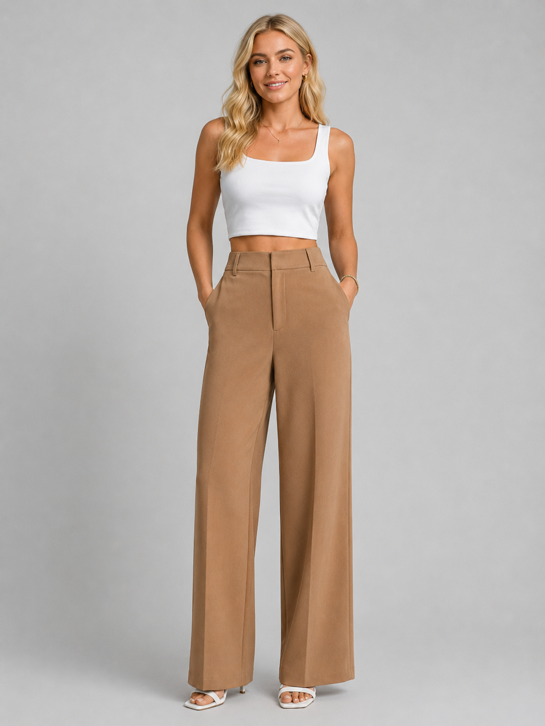 Pantalon taille haute femme camel jambe large