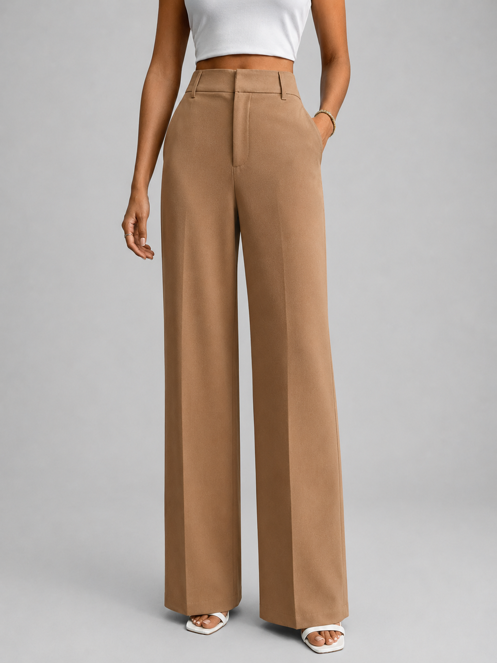 Pantalon taille haute femme camel plis devant