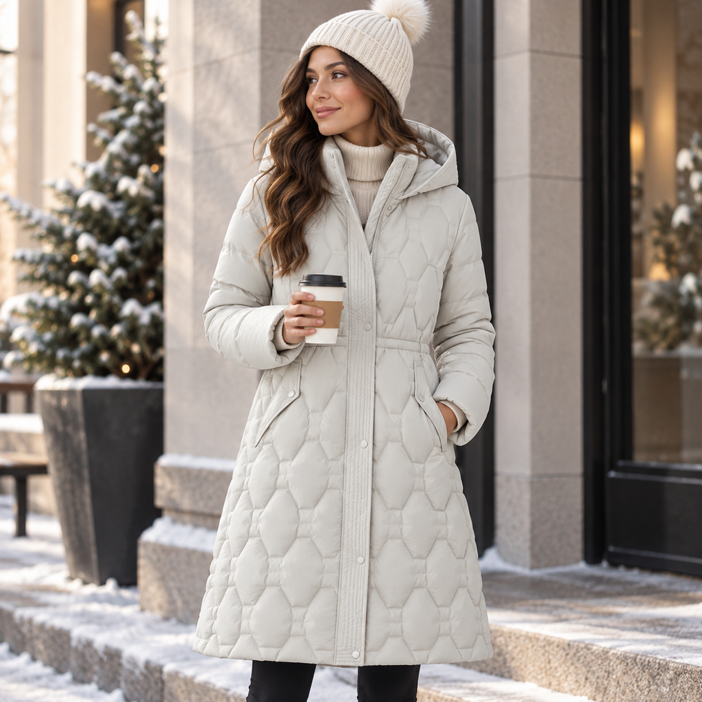 Parka femme blanc cassé à capuche matelassée
