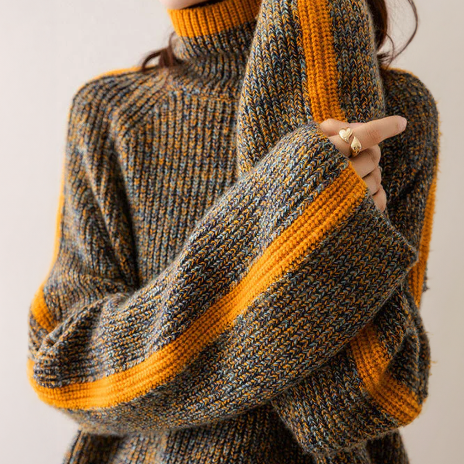 Pull col roulé femme kaki à manches rayées