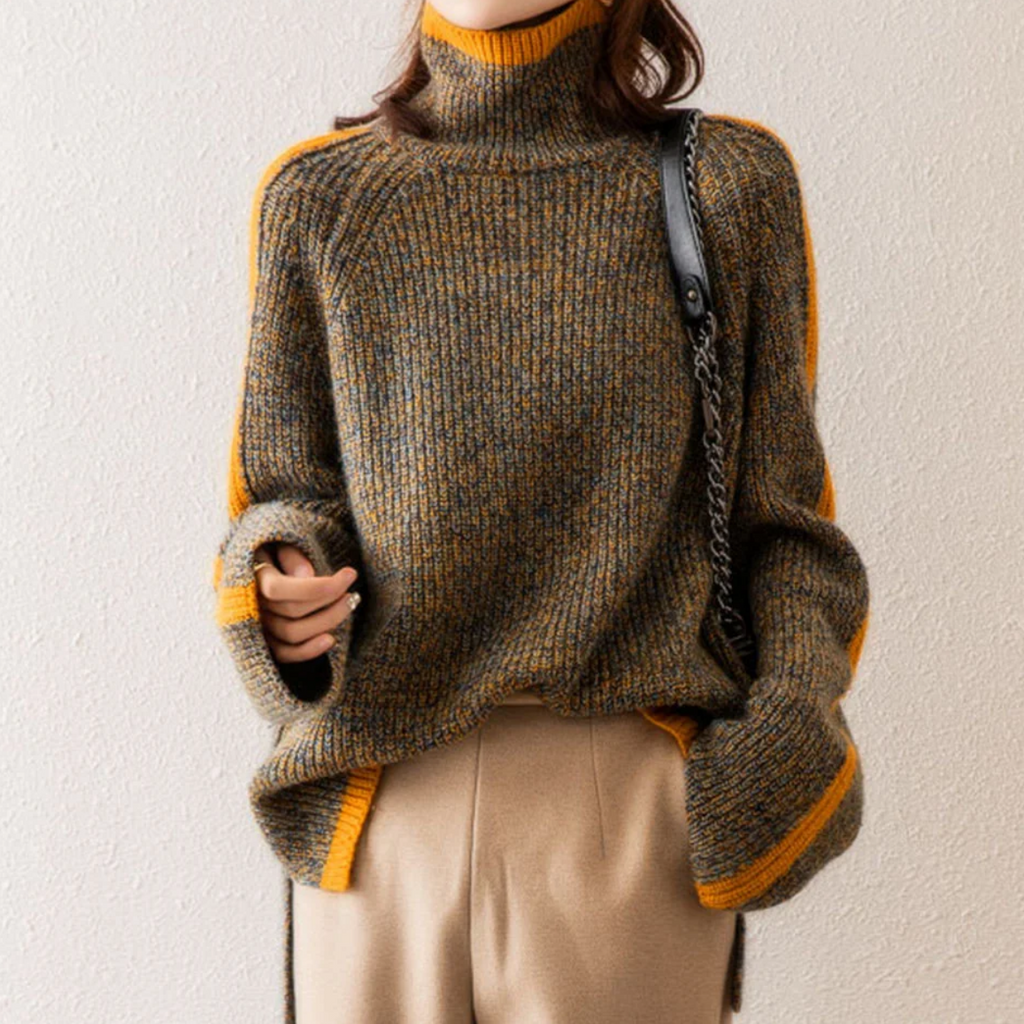 Pull col roulé femme kaki à manches rayées