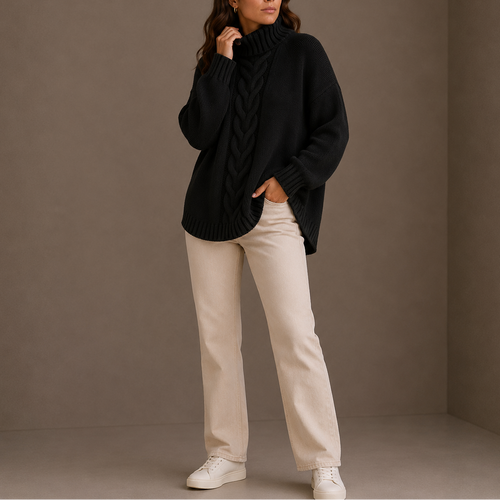 Pull col roulé femme noir torsadé
