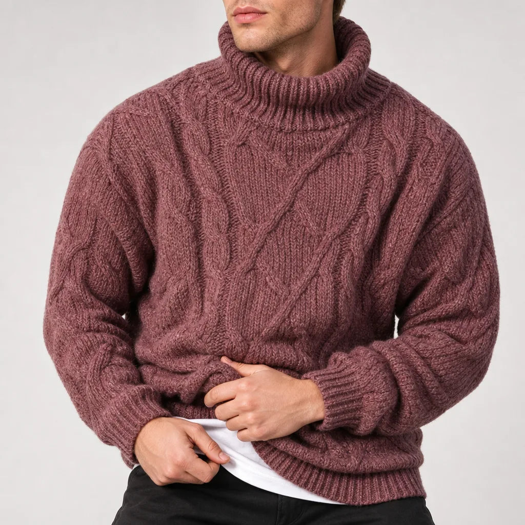 Pull col roulé homme vieux rose torsadé