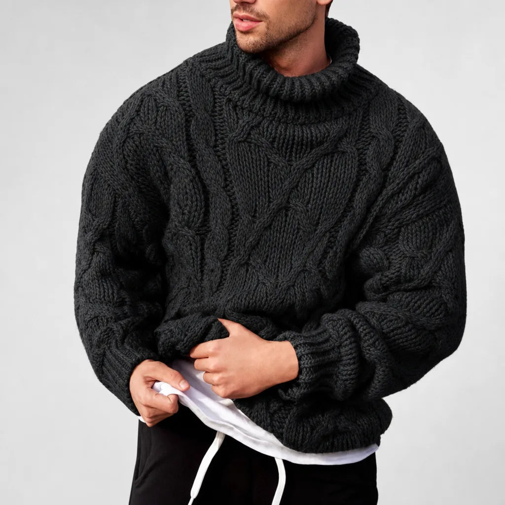 Pull col roulé homme noir torsadé