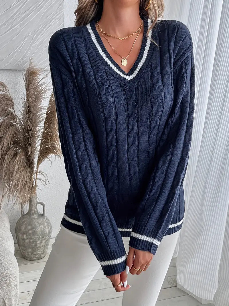 Pull col V femme bleu marine torsadé à liseré contrasté