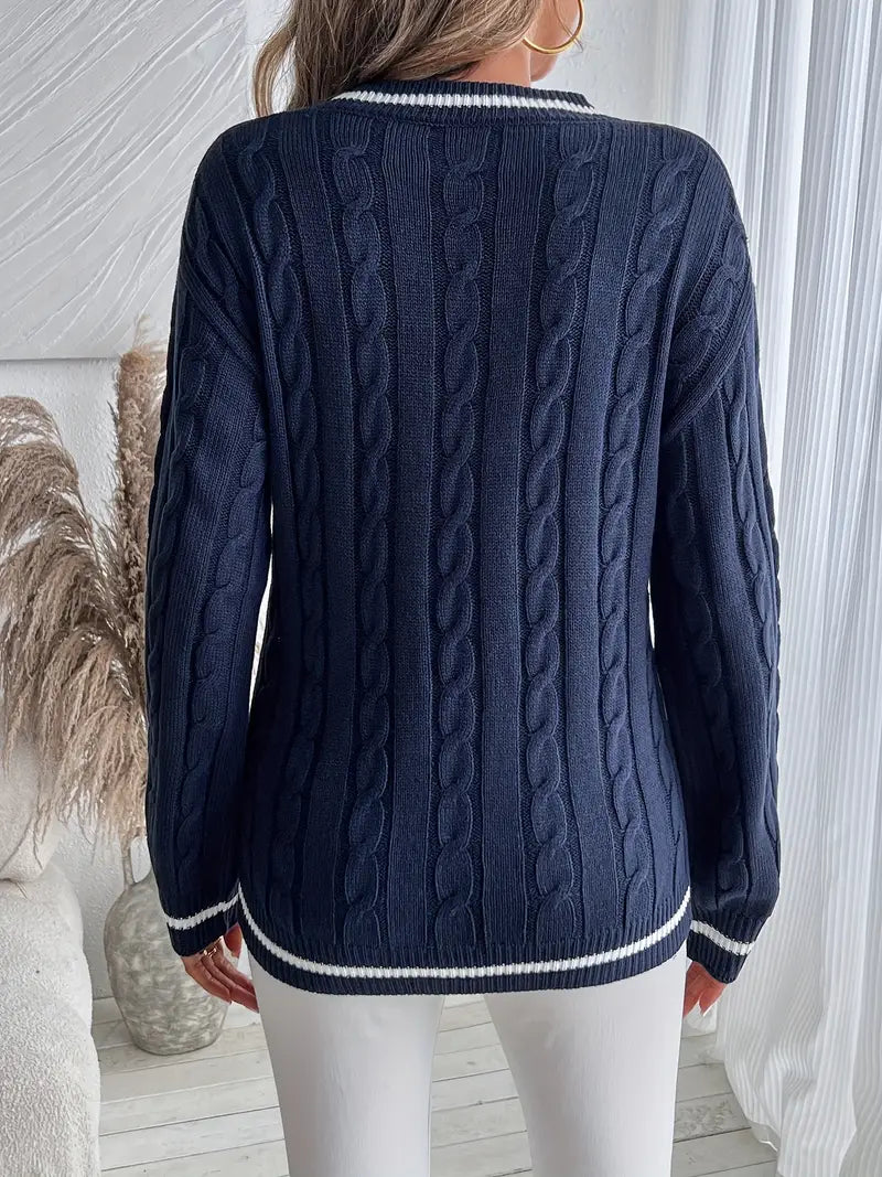 Pull col V femme bleu marine torsadé vu de dos