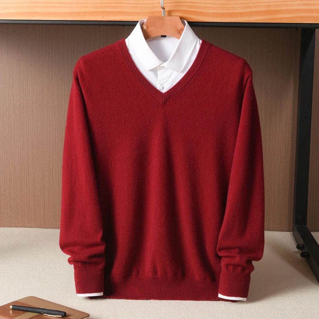Pull col V homme bordeaux en maille fine