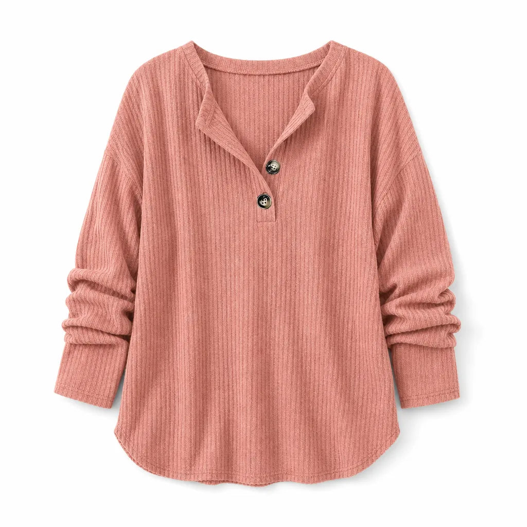 Pull côtelé femme vieux rose à col henley