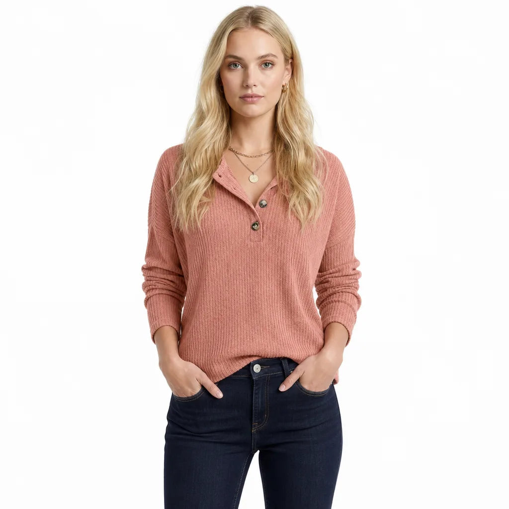 Pull côtelé femme vieux rose à col henley
