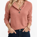 Pull côtelé femme vieux rose à col henley