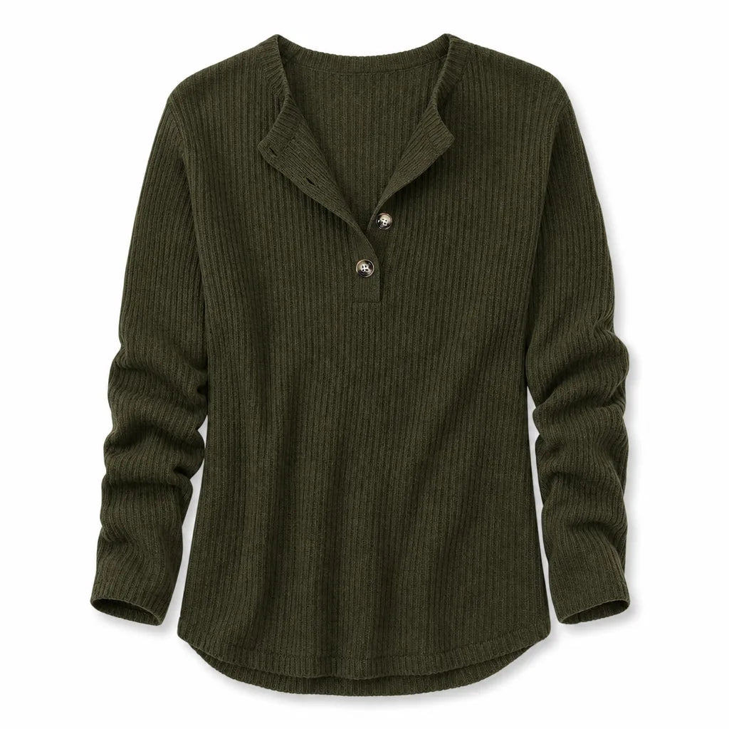 Pull côtelé femme kaki à col henley