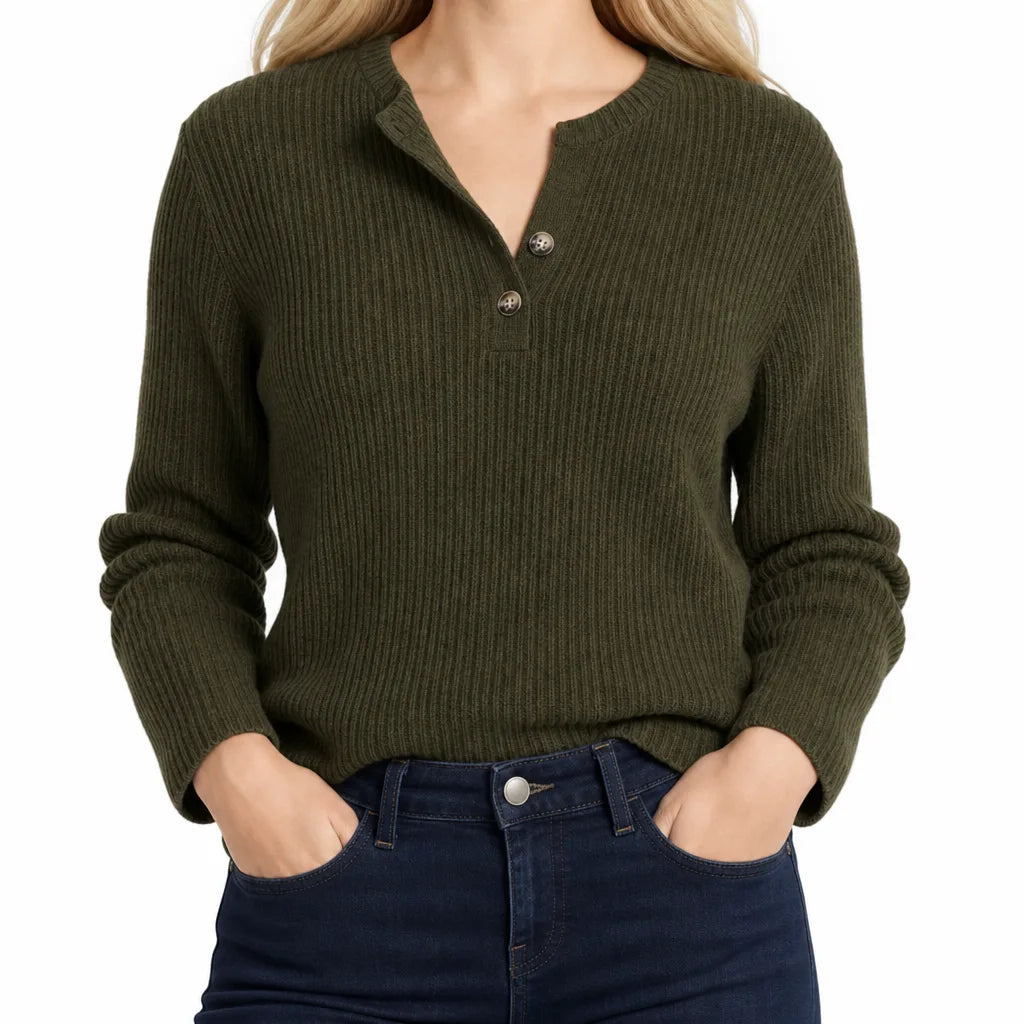 Pull côtelé femme kaki à col henley