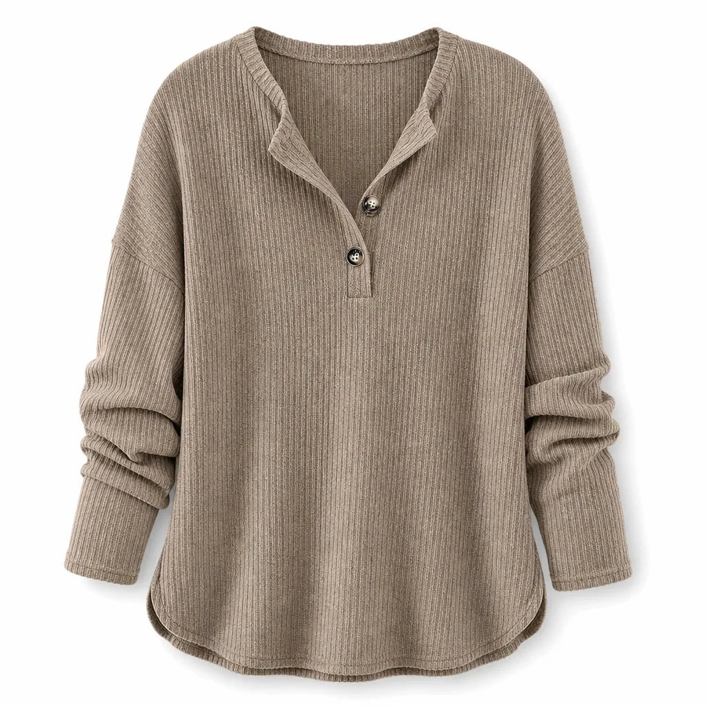 Pull côtelé femme beige à col henley