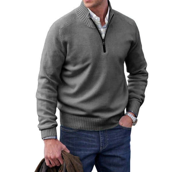 Pull homme gris demi-zip col montant