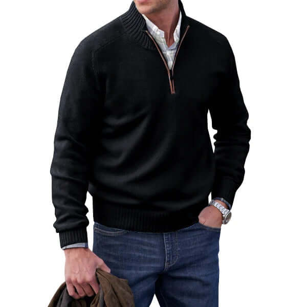 Pull homme noir demi-zip col montant