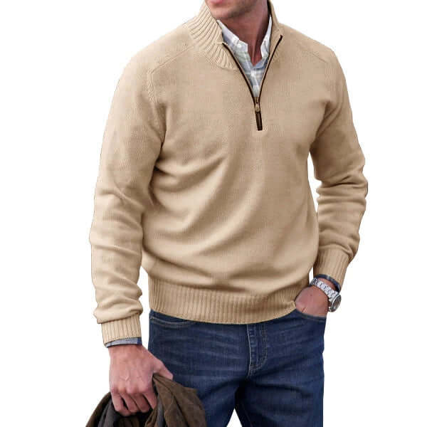 Pull homme beige demi-zip col montant