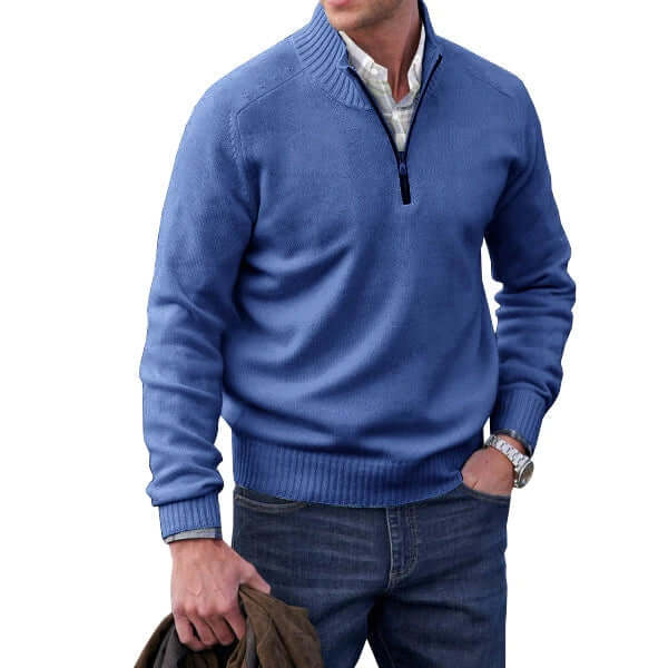 Pull homme bleu demi-zip col montant