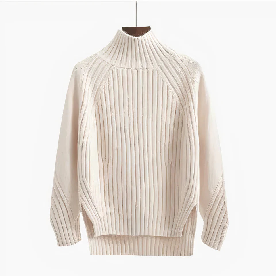 Pull femme blanc à col montant côtelé