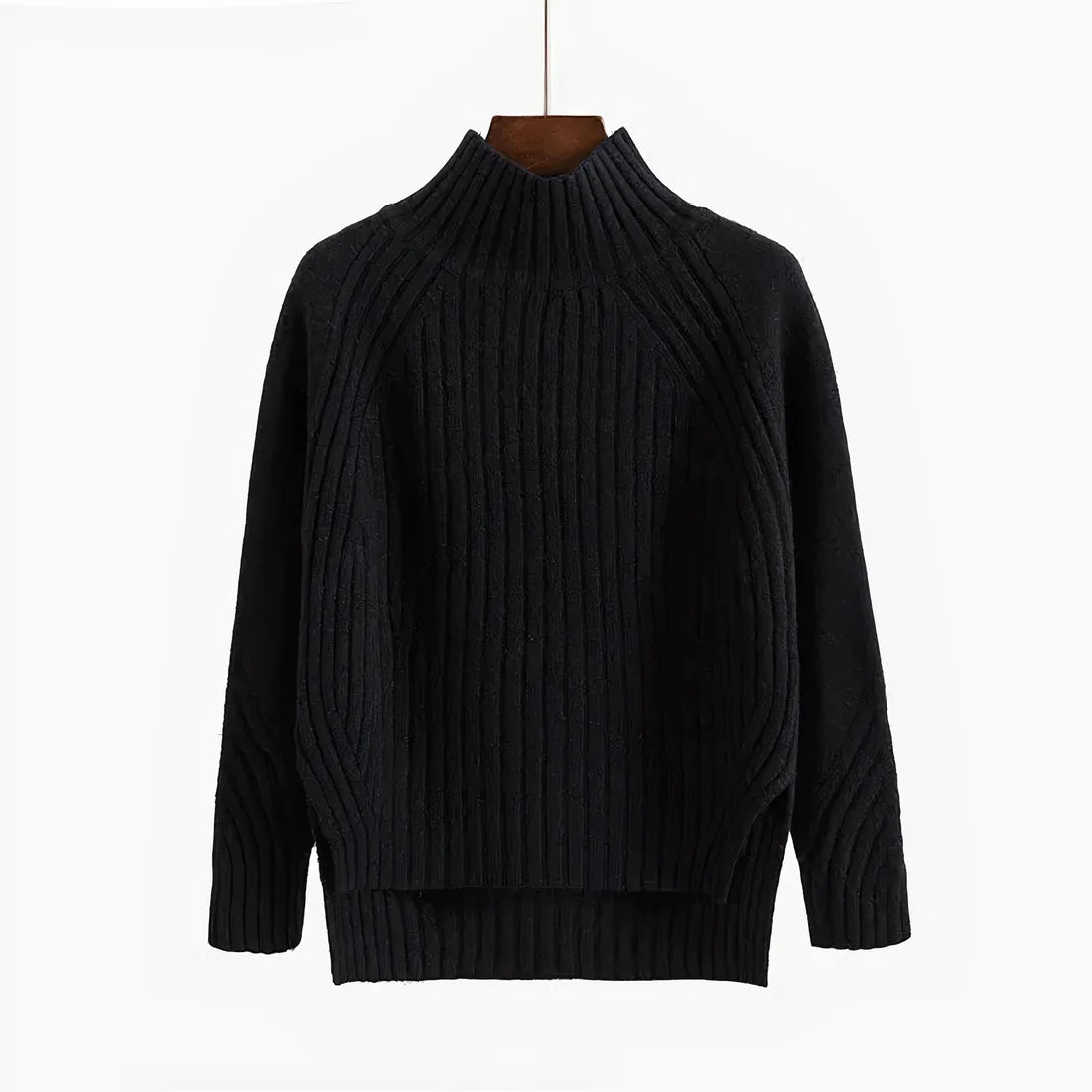 Pull femme noir à col montant côtelé