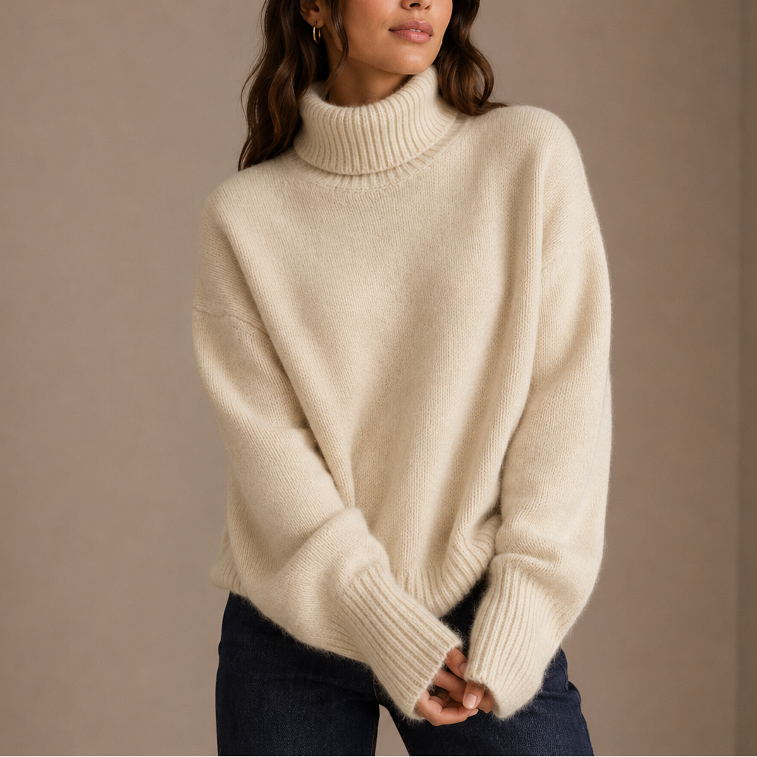 Pull femme écru oversize à col roulé