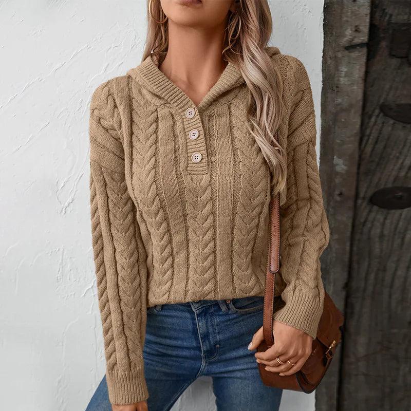 Pull femme beige torsadé à capuche