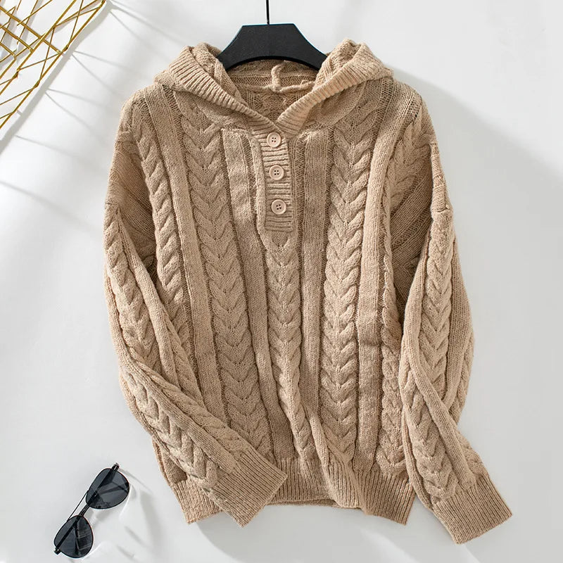 Pull femme beige torsadé à capuche