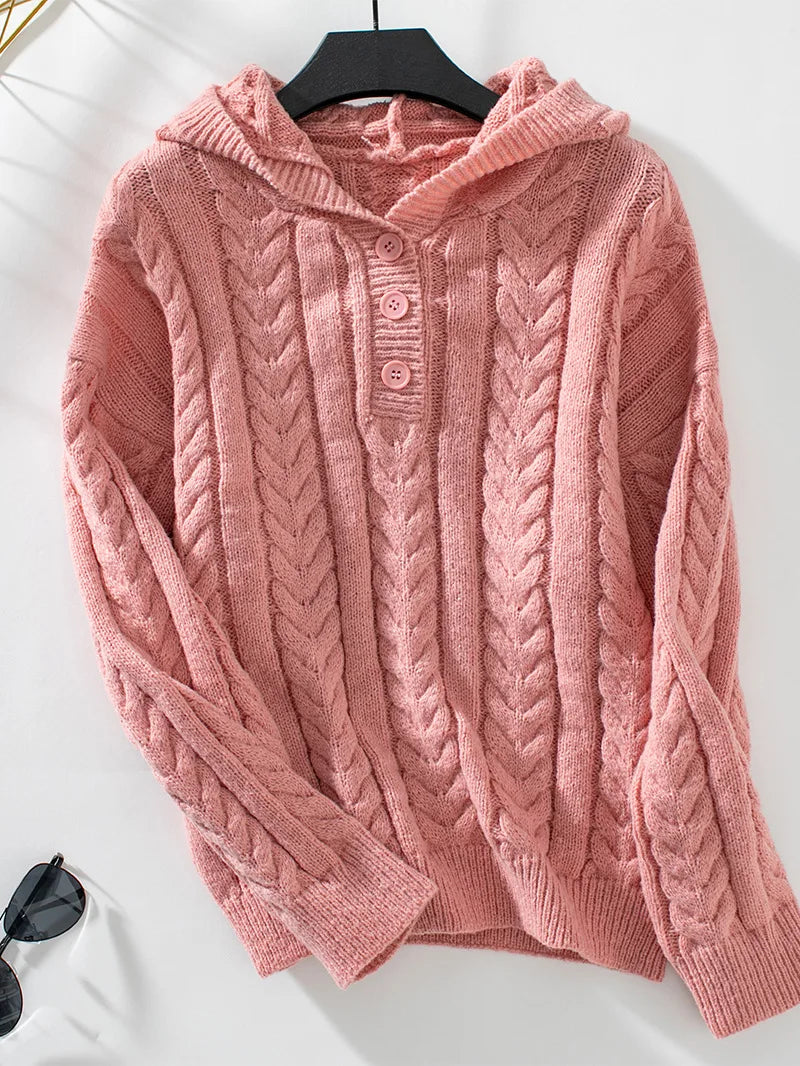 Pull femme rose torsadé à capuche