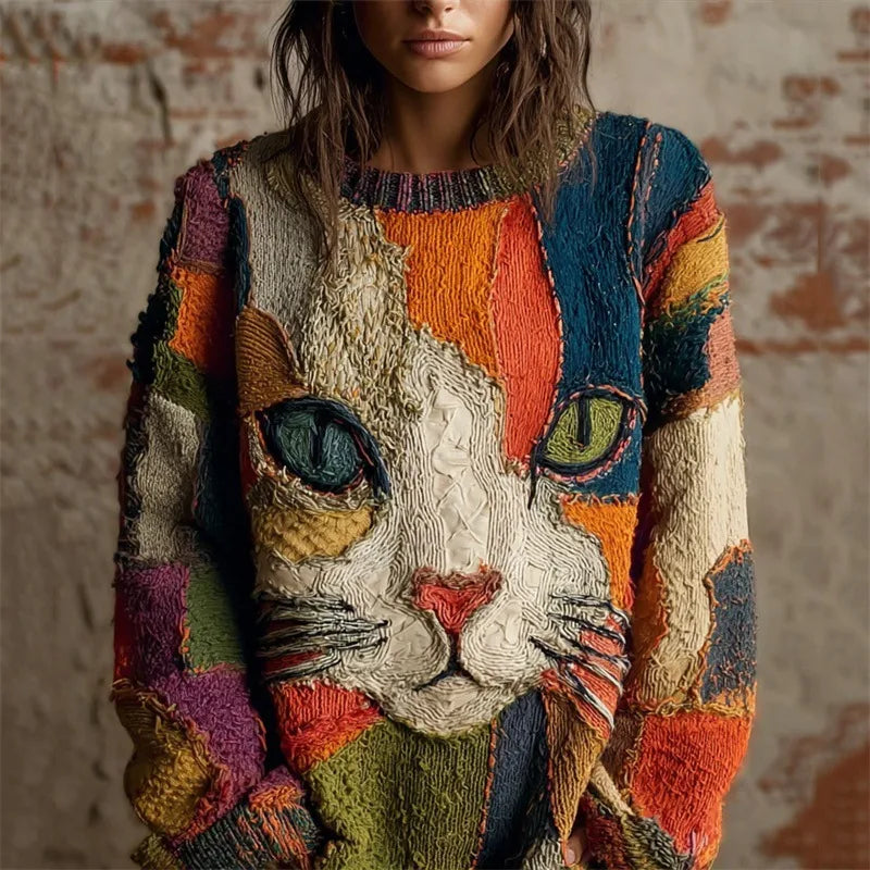 Pull femme multicolore à motif chat et col rond