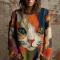 Pull femme multicolore à motif chat et col rond