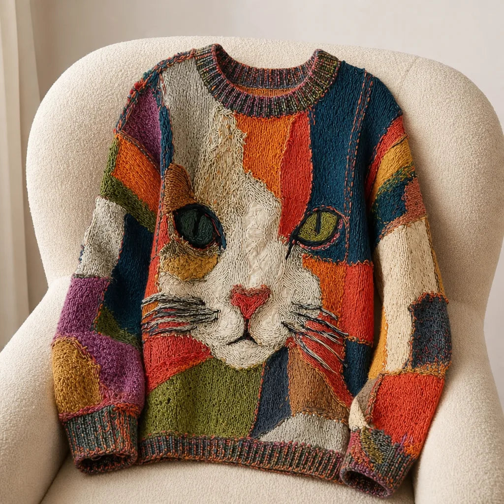 Pull femme multicolore à motif chat et col rond