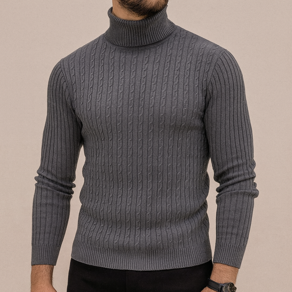 Pull homme gris anthracite à col roulé torsadé