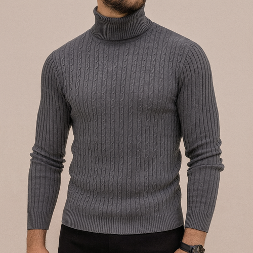 Pull homme gris anthracite à col roulé torsadé