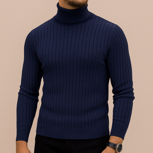 Pull homme bleu marine à col roulé torsadé