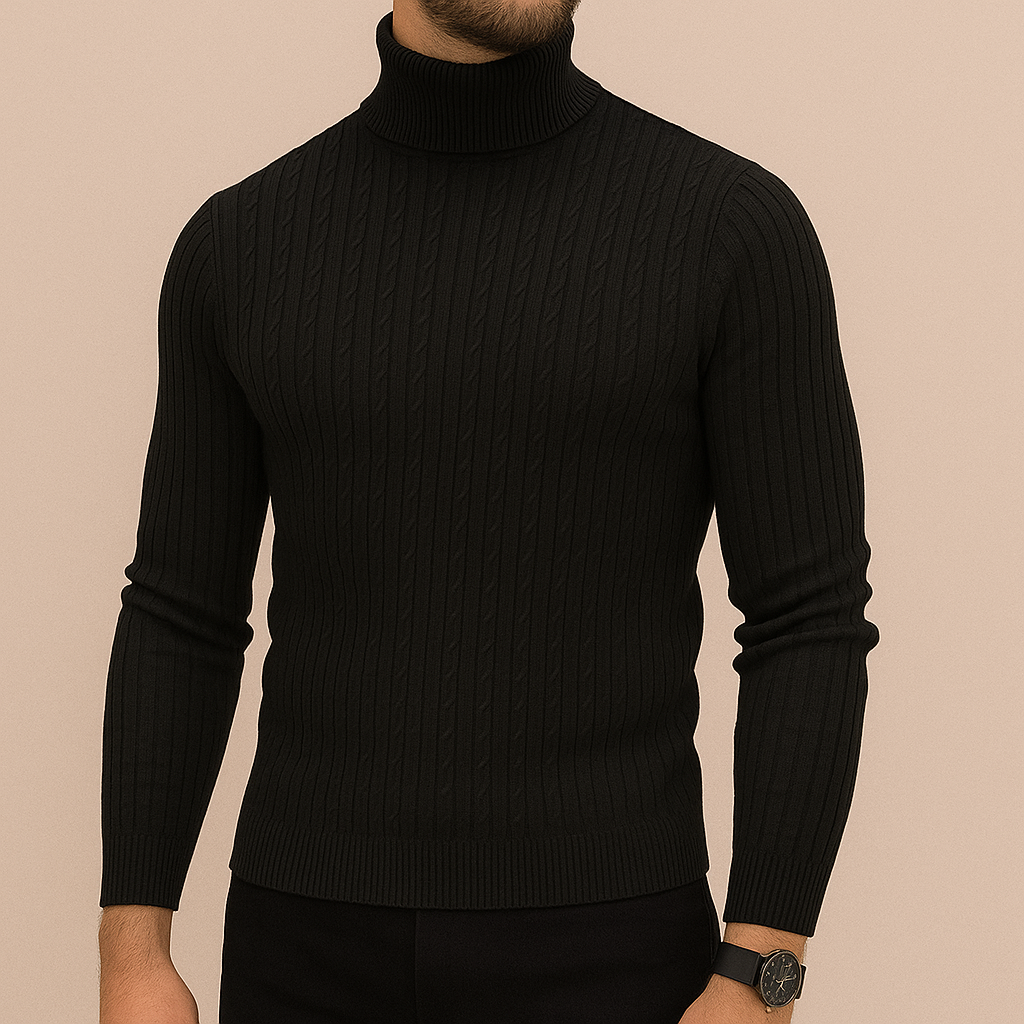 Pull homme noir à col roulé torsadé