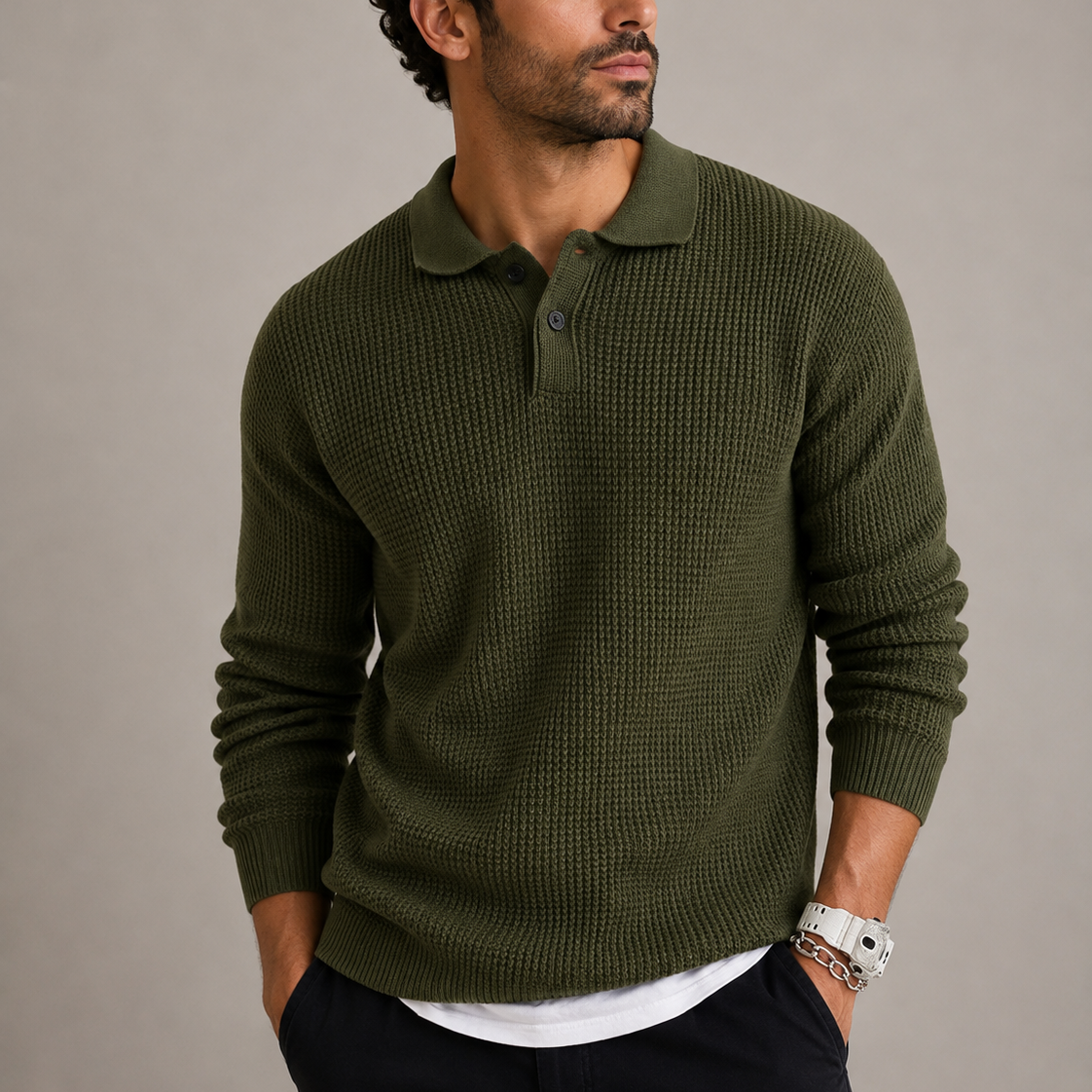 Pull homme vert olive col polo boutonné