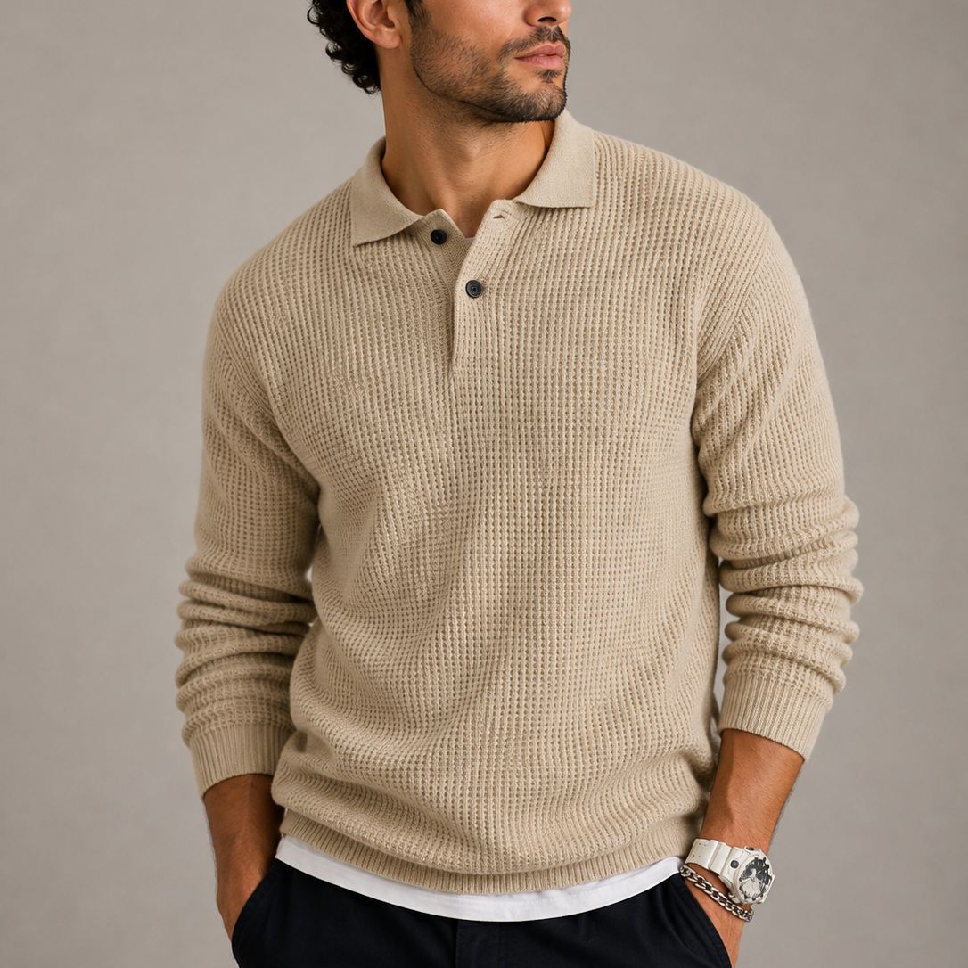 Pull homme beige col polo boutonné