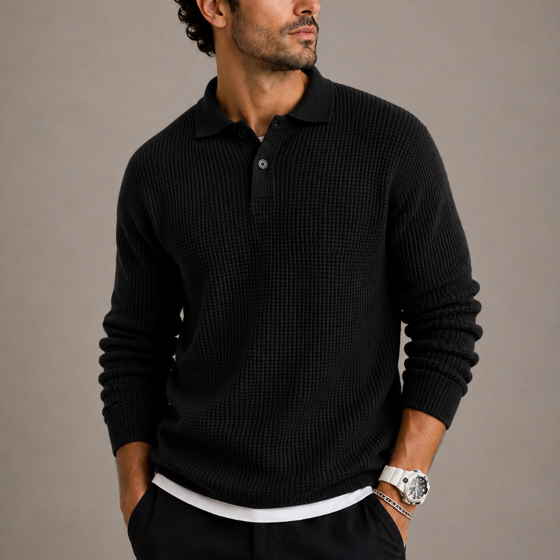 Pull homme noir col polo boutonné