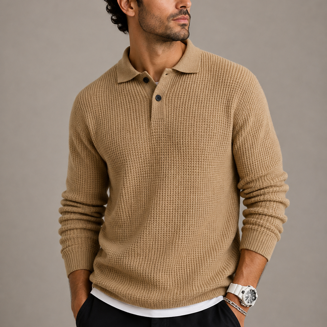 Pull homme camel col polo boutonné