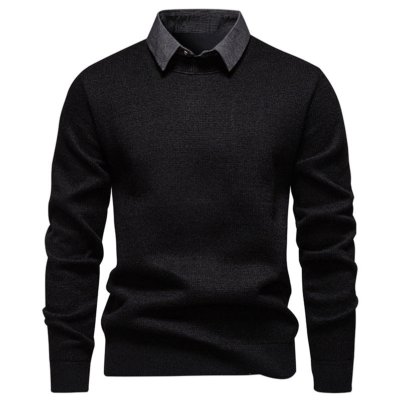 Pull homme noir à col chemise contrasté