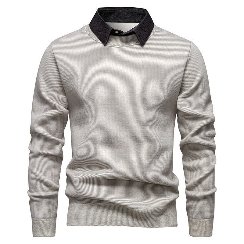 Pull homme beige à col chemise contrasté