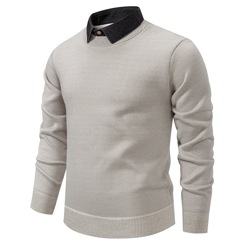 Pull homme beige à col chemise contrasté