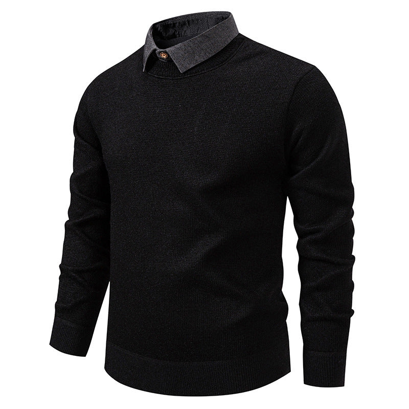 Pull homme noir à col chemise contrasté