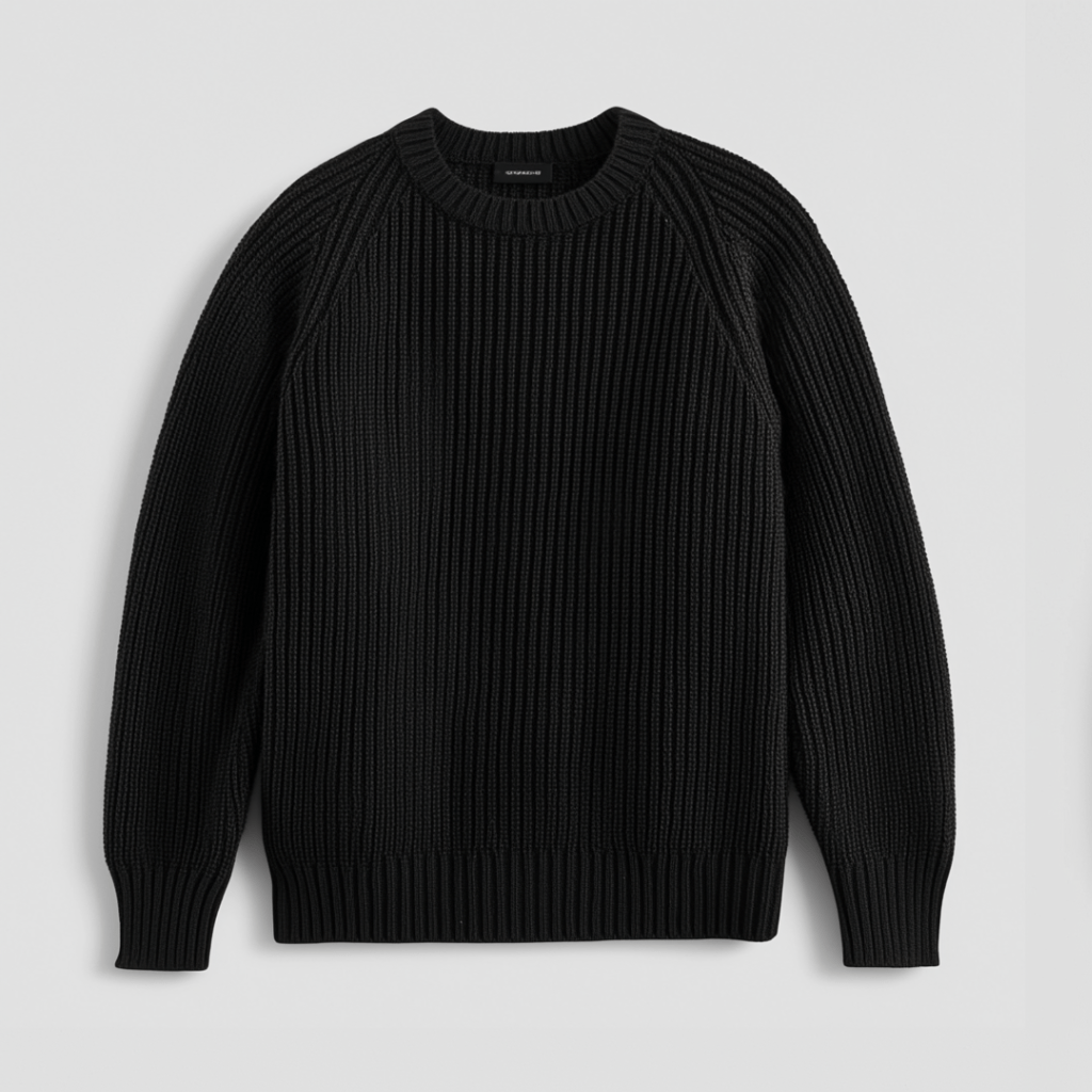 Pull homme noir à col rond côtelé