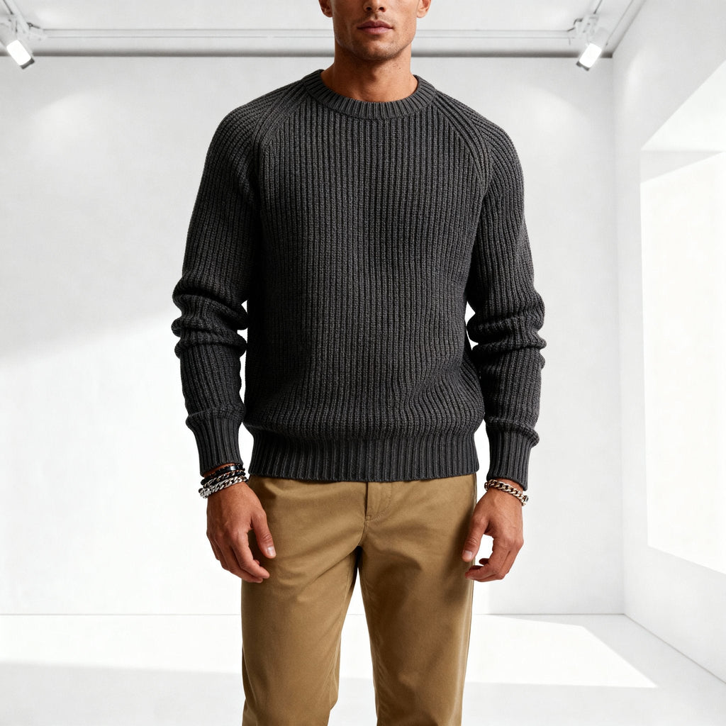Pull homme gris anthracite à col rond côtelé