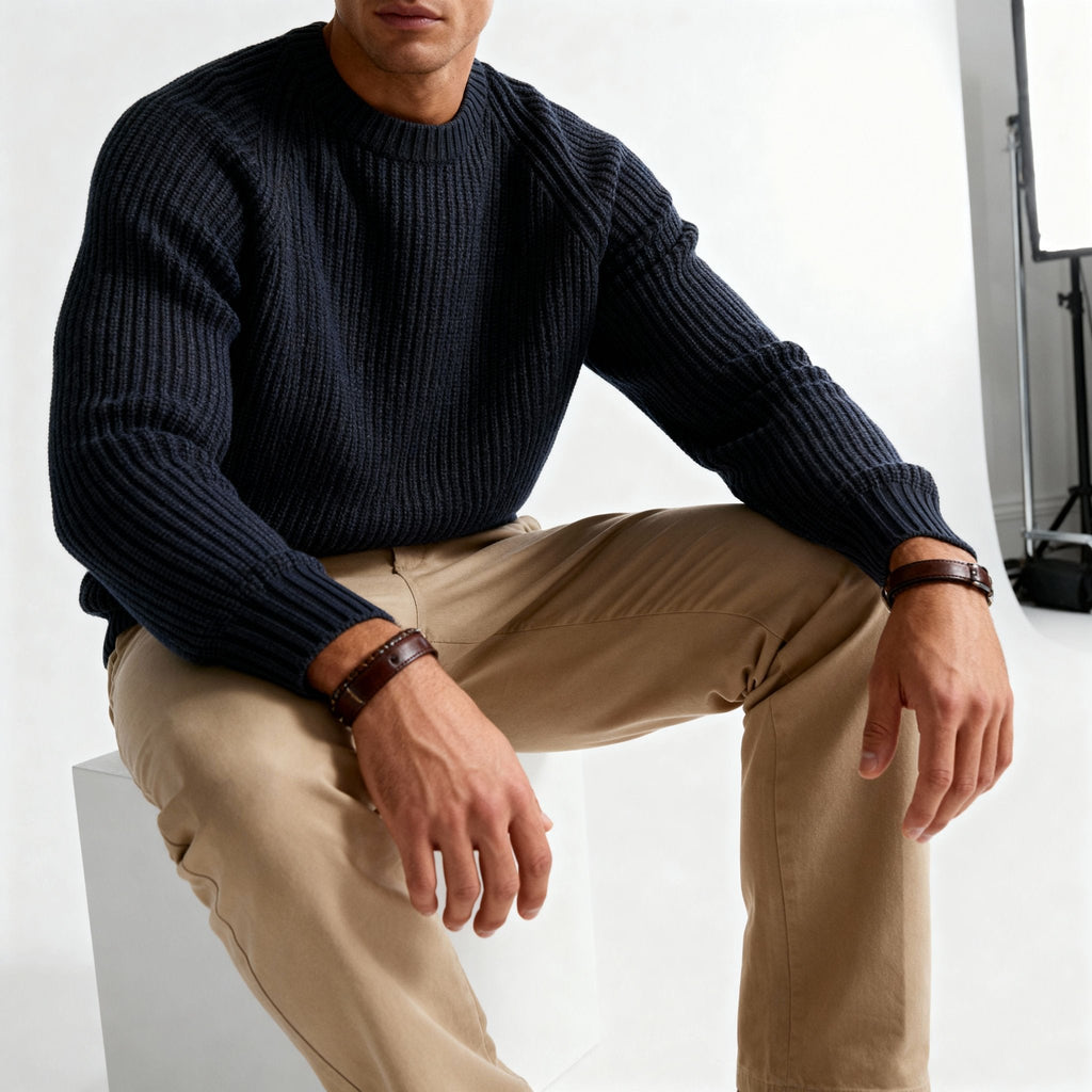 Pull homme bleu marine à col rond côtelé