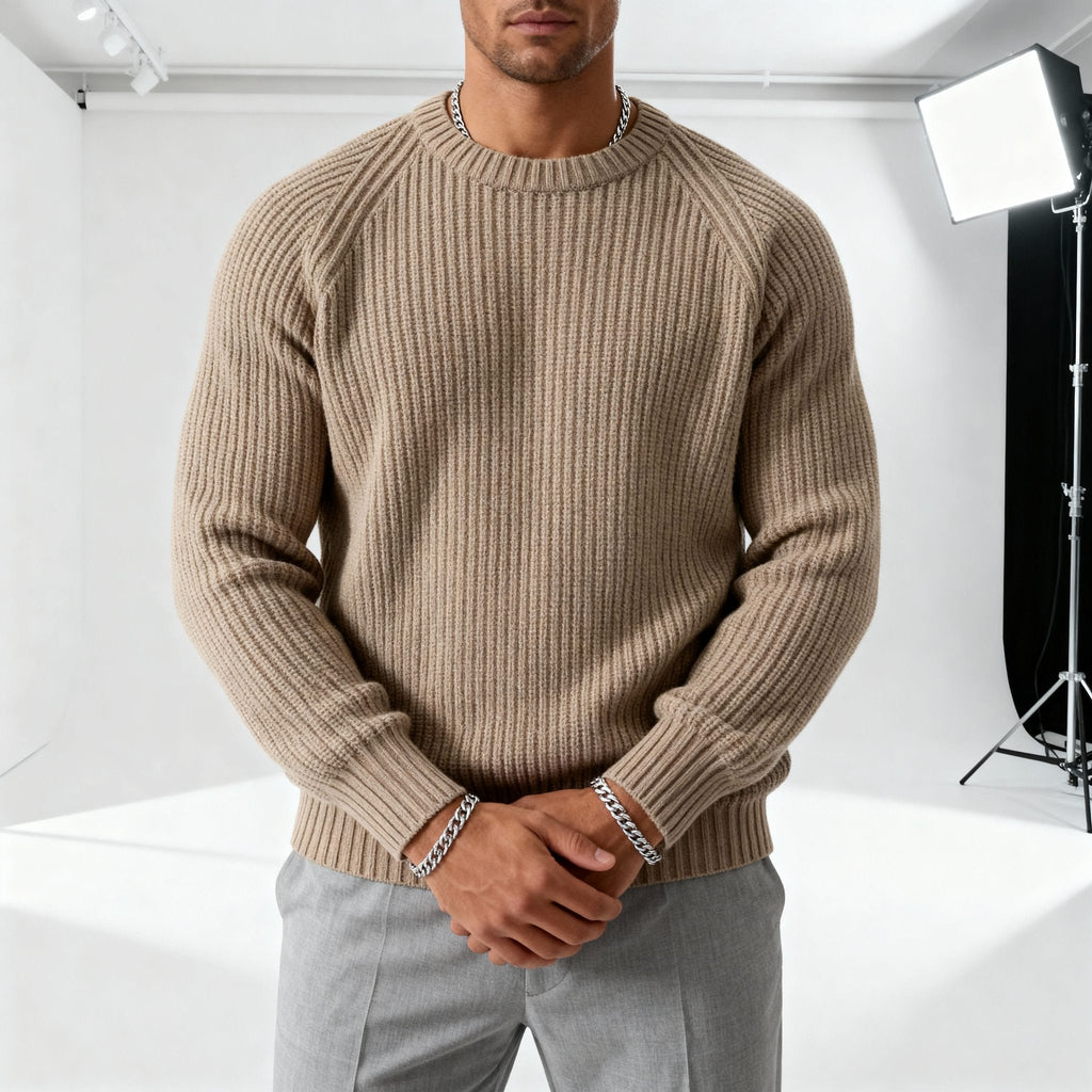 Pull homme taupe à col rond côtelé