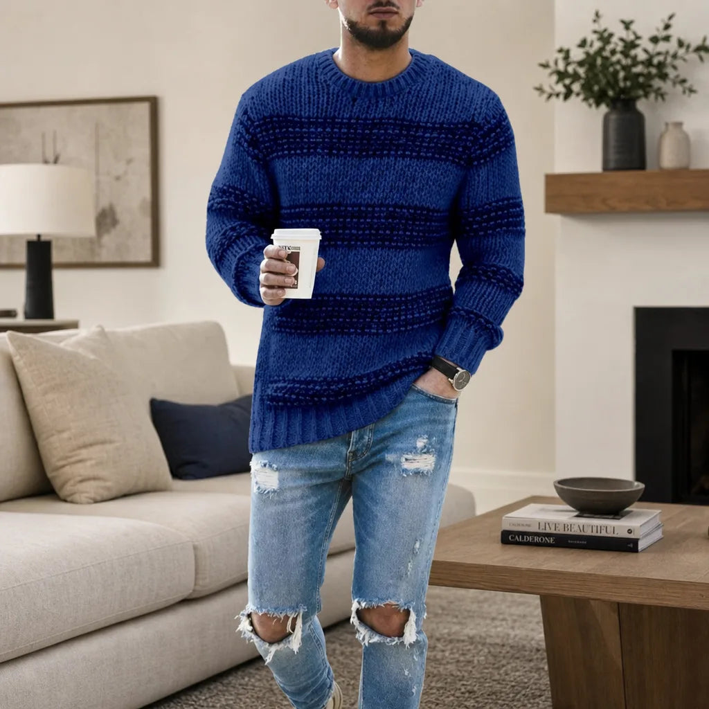 Pull homme bleu à col rond rayé