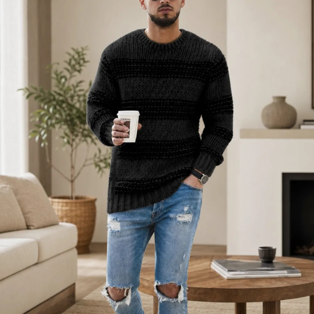 Pull homme noir à col rond rayé